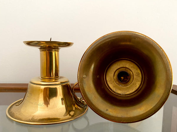 Pair 19th Century Brass Candlesticks With Intriguing Engravings From The Inventor - Source Vintage