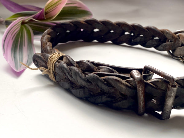 Antique Early 19th Century Braided Leather Dog Collar With Named Tag ‘Laddie’ - Source Vintage