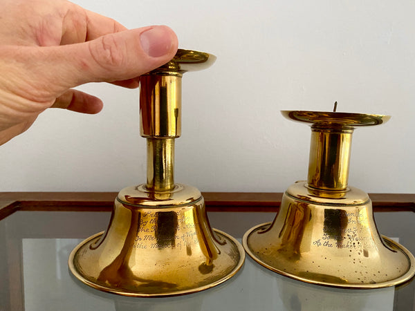 Pair 19th Century Brass Candlesticks With Intriguing Engravings From The Inventor - Source Vintage