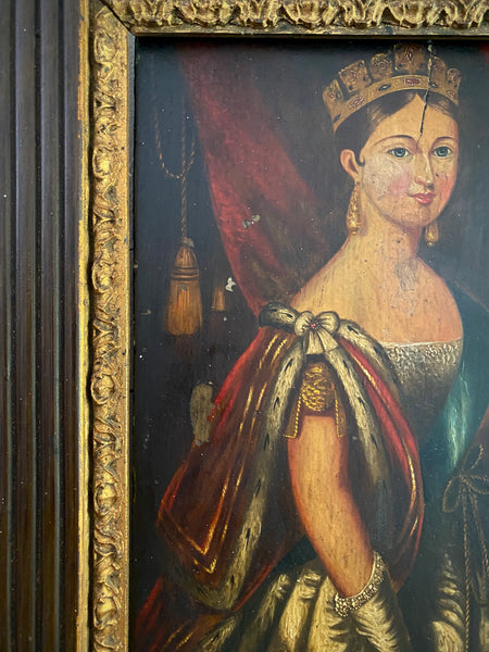 Antique Mid-19th Century Oil On Board Folk Art Portrait Painting Of A Young Queen Victoria c.1838