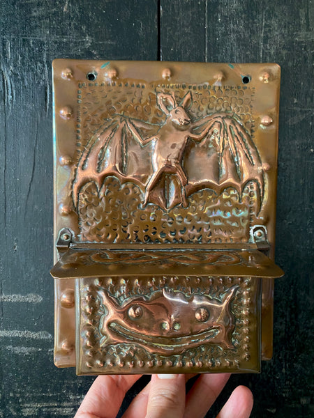 Mythical Antique Arts & Crafts Copper Wall Mounted Match Safe