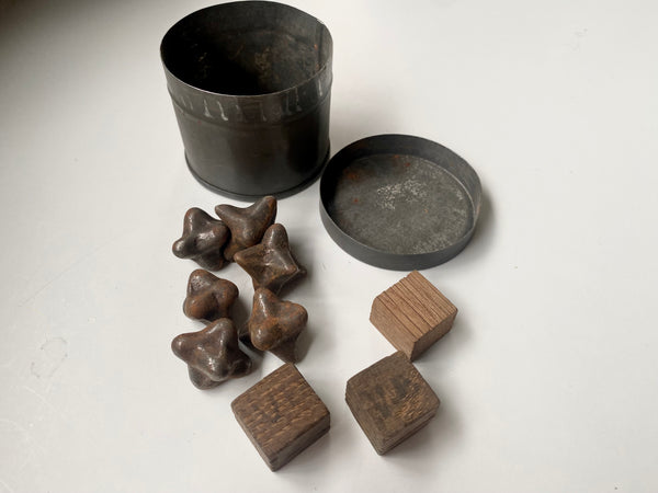 Curious Collection Of Antique Military Caltrop Crow's Feet, 3 x Homemade Dice & A Tin c.1860