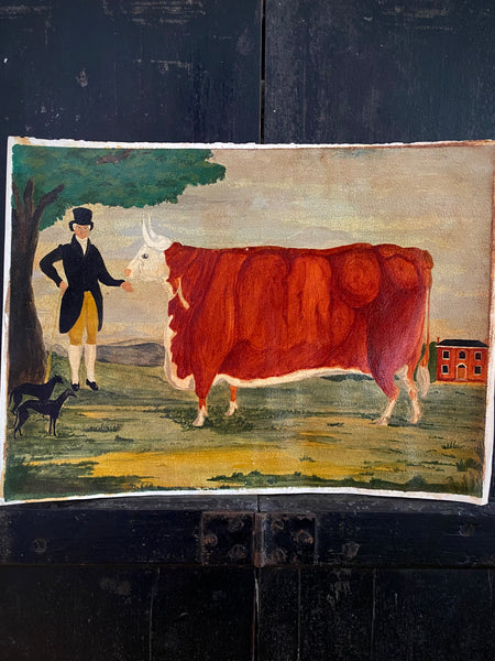 Naive Folk Art Oil Painting Squire With Cow & Dogs By Leslie Stafford (1949–2024)