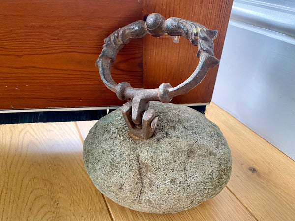 Unusual Antique 19th Century Folk Art Make-Do Stone & Cast Iron Door Stop - Source Vintage