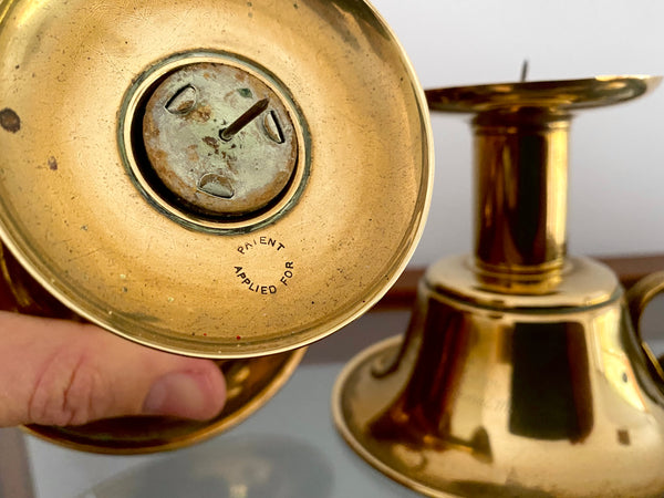 Pair 19th Century Brass Candlesticks With Intriguing Engravings From The Inventor - Source Vintage