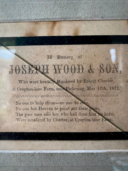 Rare Period Framed Memorial Card - Murder Of Joseph Wood & His Son By Robert Charter In Pickering 1872
