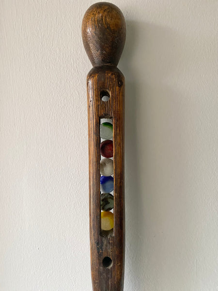 Rare Antique Carved Folk Art Walking Cane With Snake & Glass Marbles Inside c.1900 - Source Vintage