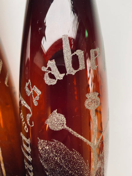 Rare Pair Antique 19th Century Stippled Folk Art Alloa Glass Wedding Bottles