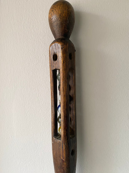 Rare Antique Carved Folk Art Walking Cane With Snake & Glass Marbles Inside c.1900 - Source Vintage