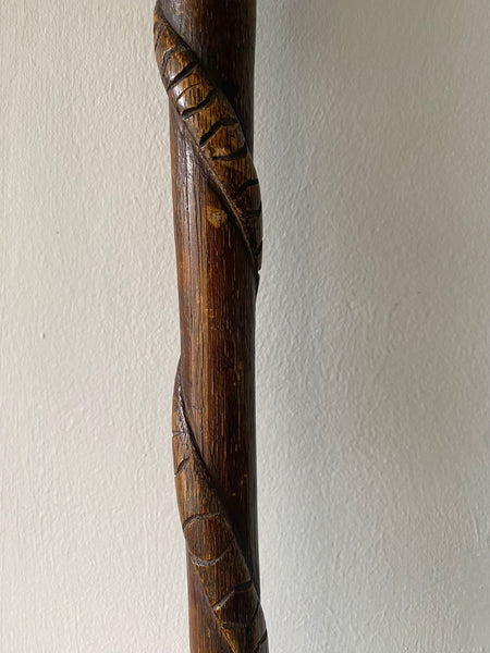 Rare Antique Carved Folk Art Walking Cane With Snake & Glass Marbles Inside c.1900 - Source Vintage