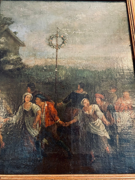 Antique 18th-19th Century Midsummer Maypole Dancing Oil On Canvas Painting