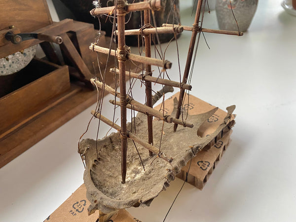 **RESERVED FOR MEGAN** Rare Antique Scratch Built Sailor Folk Art Ship Made From A Bird’s Breast Bone - Source Vintage