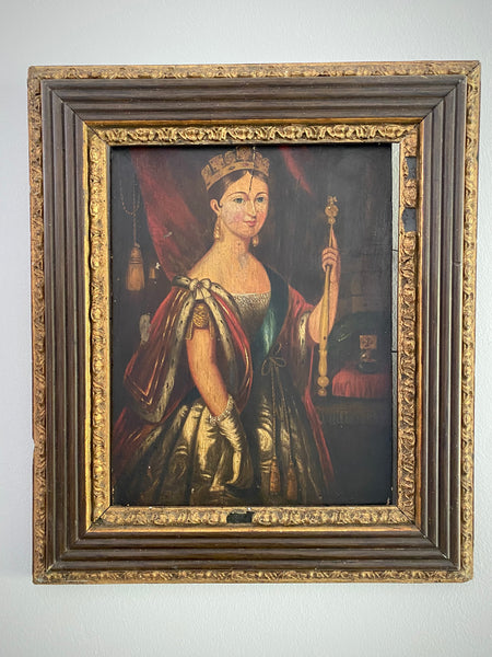 Antique Mid-19th Century Oil On Board Folk Art Portrait Painting Of A Young Queen Victoria c.1838