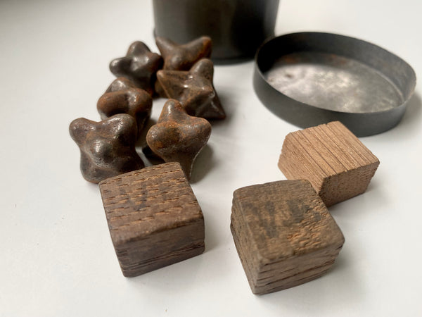 Curious Collection Of Antique Military Caltrop Crow's Feet, 3 x Homemade Dice & A Tin c.1860
