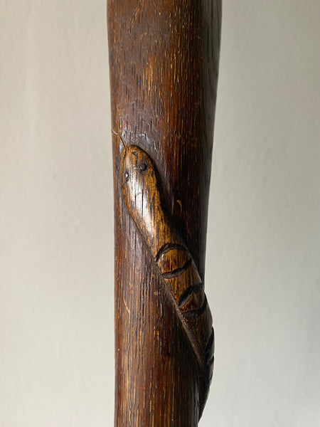 Rare Antique Carved Folk Art Walking Cane With Snake & Glass Marbles Inside c.1900 - Source Vintage