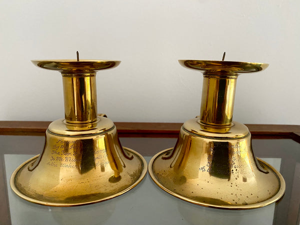 Pair 19th Century Brass Candlesticks With Intriguing Engravings From The Inventor - Source Vintage
