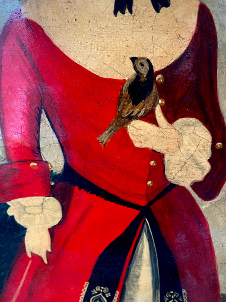 Naive Folk Art Oil Painting Child Holding A Bird By Leslie Stafford (1949–2024)