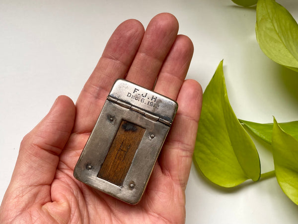 Antique WW1 Make Do Silver Vesta Case With Modified Wood Debris Fragment Inserted By A Soldier As A Memento Of A Bombing They Survived - Source Vintage