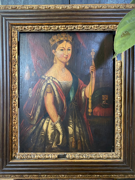 Antique Mid-19th Century Oil On Board Folk Art Portrait Painting Of A Young Queen Victoria c.1838