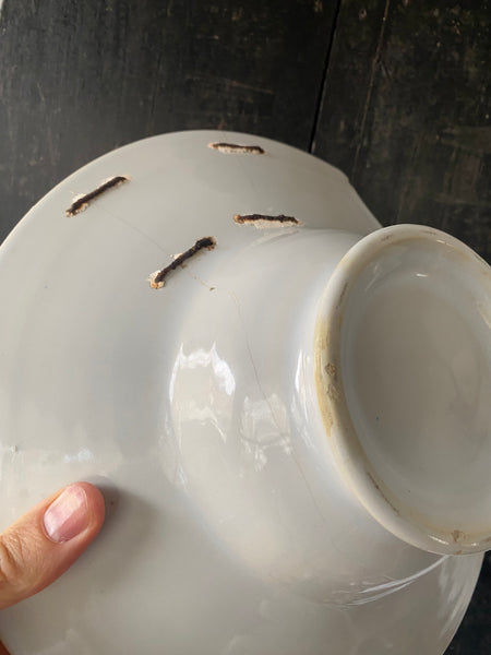Antique 19th Century Make Do Tin Glazed Barber’s Bowl With Stapled Repairs