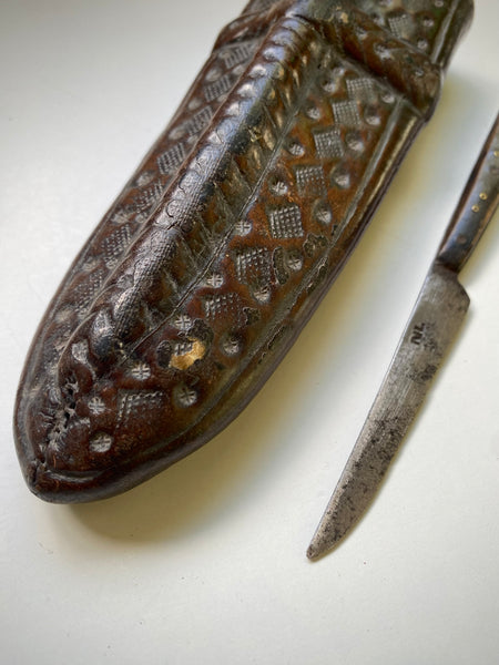 Rare 15th-16th Century Hand Tooled Leather Personal Utensil Scabbard & Accompanying Knife