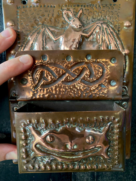 Mythical Antique Arts & Crafts Copper Wall Mounted Match Safe