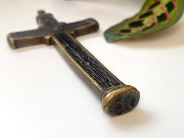 Antique Religious 18th Century Bog Oak & Bronze Combination Crucifix And Wax Seal Pendant - Source Vintage
