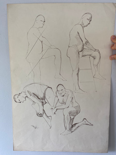 Vintage Double Sided Pen & Pencil Life Drawings Portraits Of A Nude Man - Source Vintage
