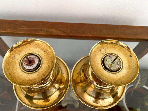Pair 19th Century Brass Candlesticks With Intriguing Engravings From The Inventor - Source Vintage