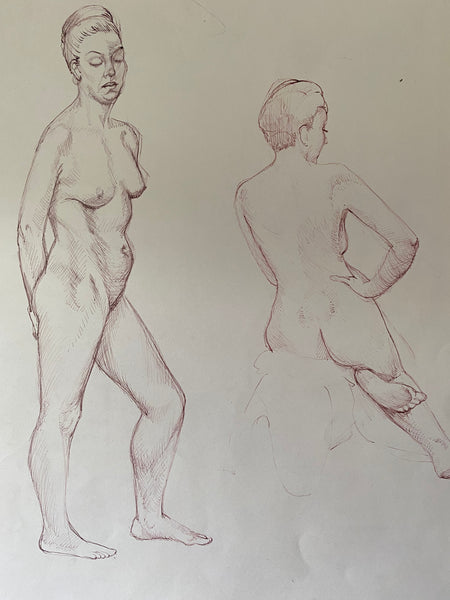 Vintage Double Sided Pen & Pencil Life Drawings Portraits Of A Nude Lady - Source Vintage