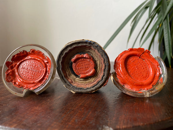 Lot Of 3 Rare Antique 19th Century Glass Ship Launch Bottle Neck Shards With Ship Builder Wax Seals & Handwritten Labels
