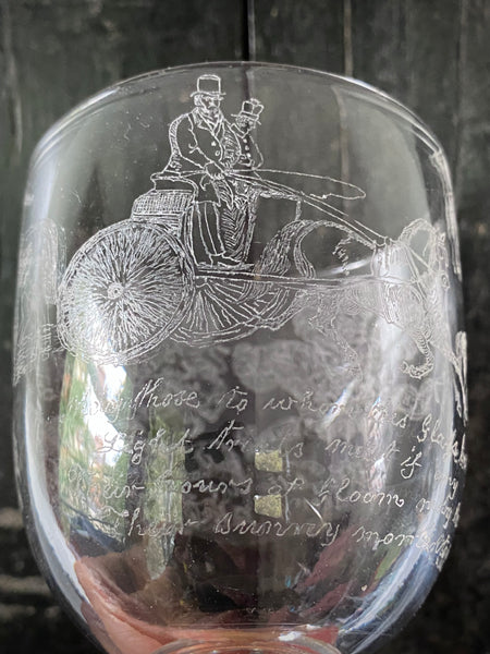 Antique 19th Century Glass Goblet Heavily Inscribed In Diamond Point With Various Imagery & Verse