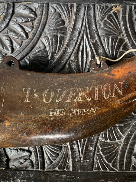 Antique 18th Century Horn Powder Flask Named ‘T. Overton’ American Rev War?