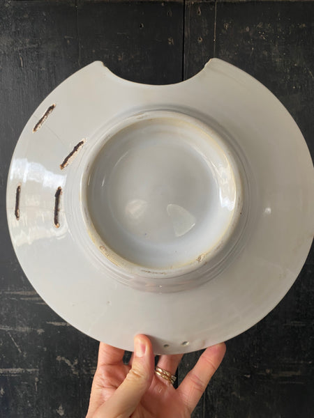 Antique 19th Century Make Do Tin Glazed Barber’s Bowl With Stapled Repairs