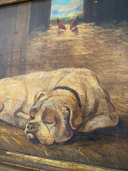 *RESERVED FOR MARYANNE* (Payment 2) Antique Early 20th Century Oil On Board Painting Of A Sleeping Farm Dog