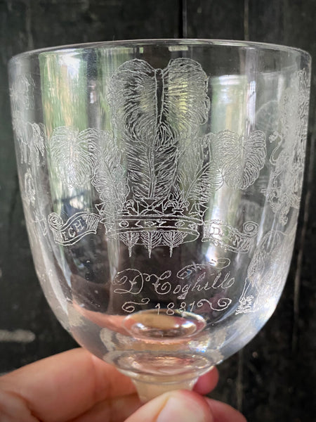 Antique 19th Century Glass Goblet Heavily Inscribed In Diamond Point With Various Imagery & Verse
