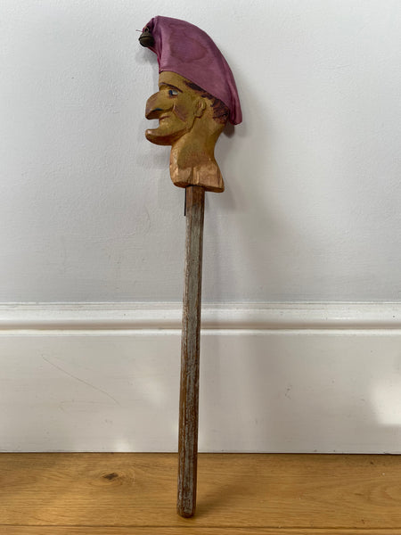 Early 20th Century Hand Carved & Painted Folk Art Wooden Marotte With Interesting Story