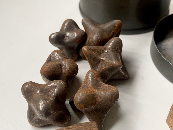 Curious Collection Of Antique Military Caltrop Crow's Feet, 3 x Homemade Dice & A Tin c.1860