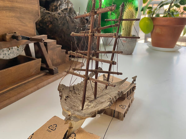 **RESERVED FOR MEGAN** Rare Antique Scratch Built Sailor Folk Art Ship Made From A Bird’s Breast Bone - Source Vintage