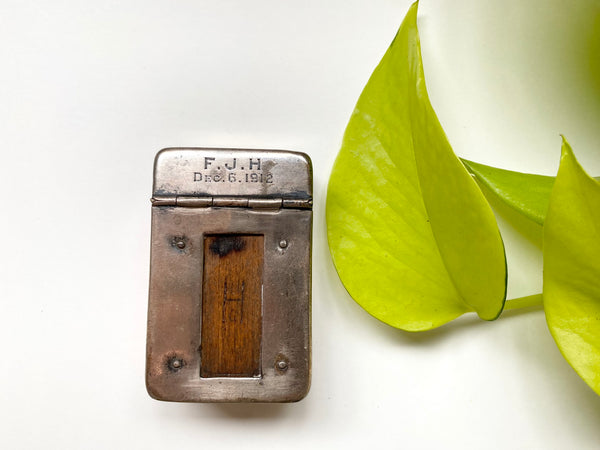 Antique WW1 Make Do Silver Vesta Case With Modified Wood Debris Fragment Inserted By A Soldier As A Memento Of A Bombing They Survived - Source Vintage