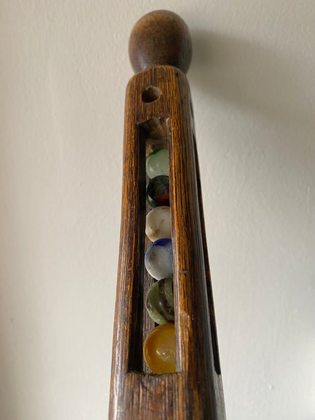 Rare Antique Carved Folk Art Walking Cane With Snake & Glass Marbles Inside c.1900 - Source Vintage