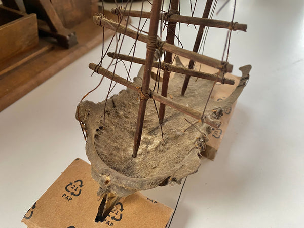 **RESERVED FOR MEGAN** Rare Antique Scratch Built Sailor Folk Art Ship Made From A Bird’s Breast Bone - Source Vintage