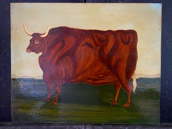 Naive Folk Art Oil Painting Cow By Leslie Stafford (1949–2024)
