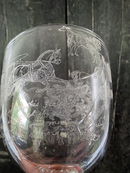 Antique 19th Century Glass Goblet Heavily Inscribed In Diamond Point With Various Imagery & Verse