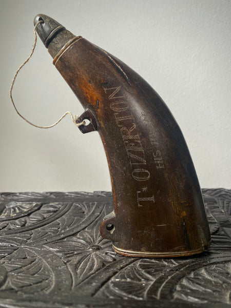 Antique 18th Century Horn Powder Flask Named ‘T. Overton’ American Rev War?