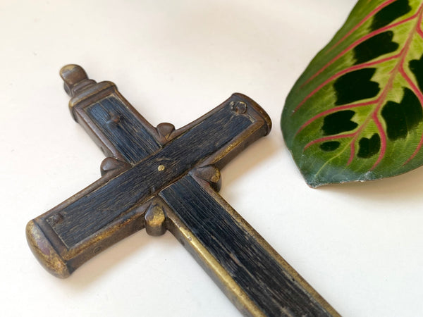 Antique Religious 18th Century Bog Oak & Bronze Combination Crucifix And Wax Seal Pendant - Source Vintage