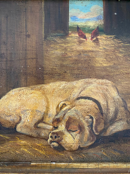 *RESERVED FOR MARYANNE* (Payment 2) Antique Early 20th Century Oil On Board Painting Of A Sleeping Farm Dog