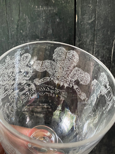 Antique 19th Century Glass Goblet Heavily Inscribed In Diamond Point With Various Imagery & Verse
