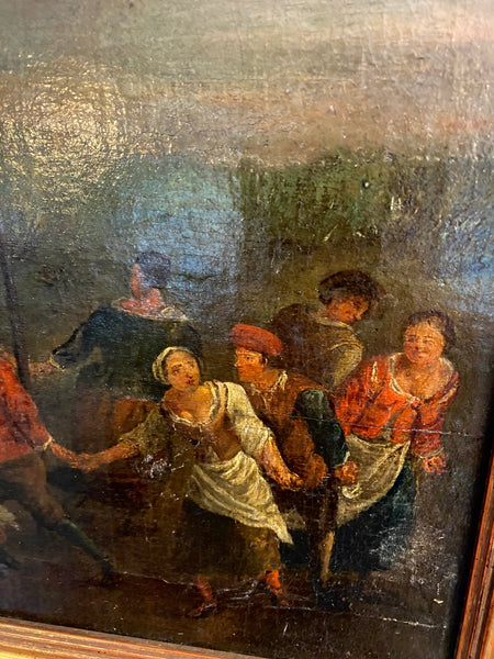 Antique 18th-19th Century Midsummer Maypole Dancing Oil On Canvas Painting