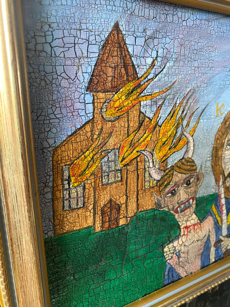 Vintage Naive Oil On Canvas Folk Art Painting